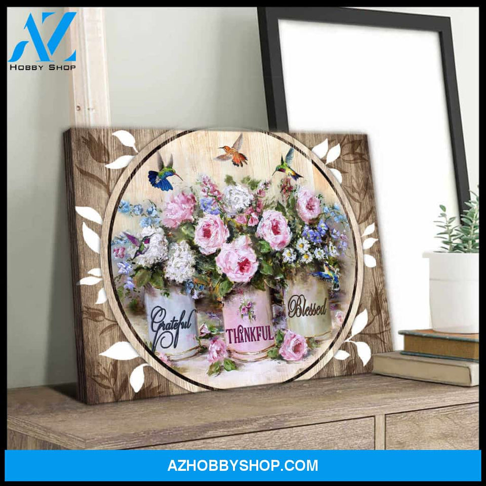 Hummingbirds Canvas Grateful Thankful Blessed Wall Art Decor