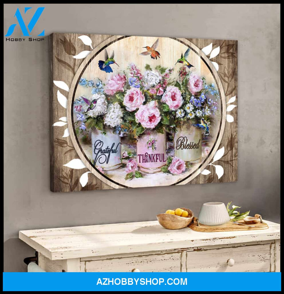 Hummingbirds Canvas Grateful Thankful Blessed Wall Art Decor