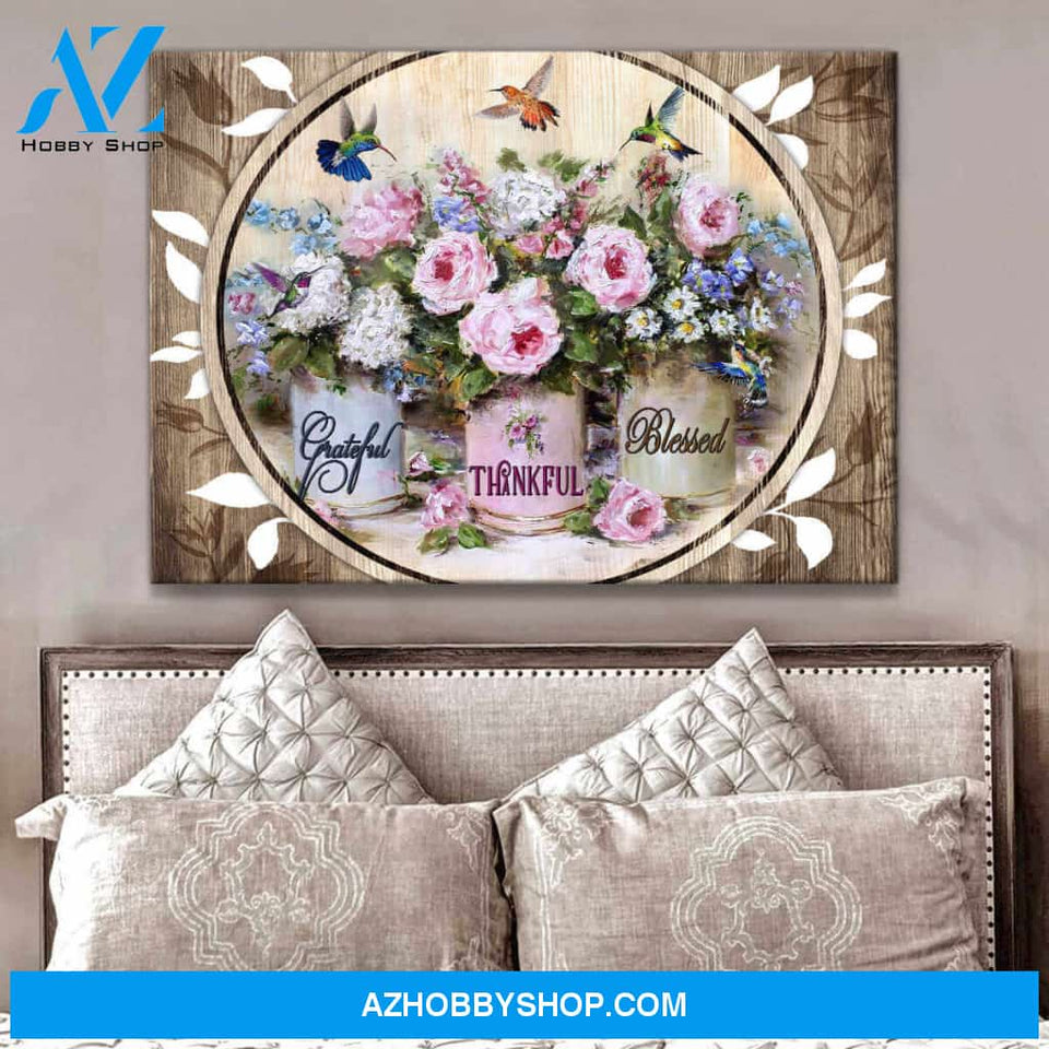 Hummingbirds Canvas Grateful Thankful Blessed Wall Art Decor