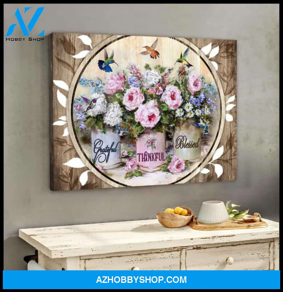 Hummingbirds Canvas Grateful Thankful Blessed Wall Art Decor, gifts for hummingbird lovers