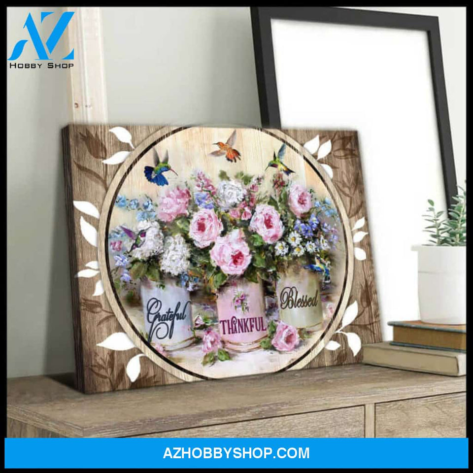 Hummingbirds Canvas Grateful Thankful Blessed Wall Art Decor, gifts for hummingbird lovers