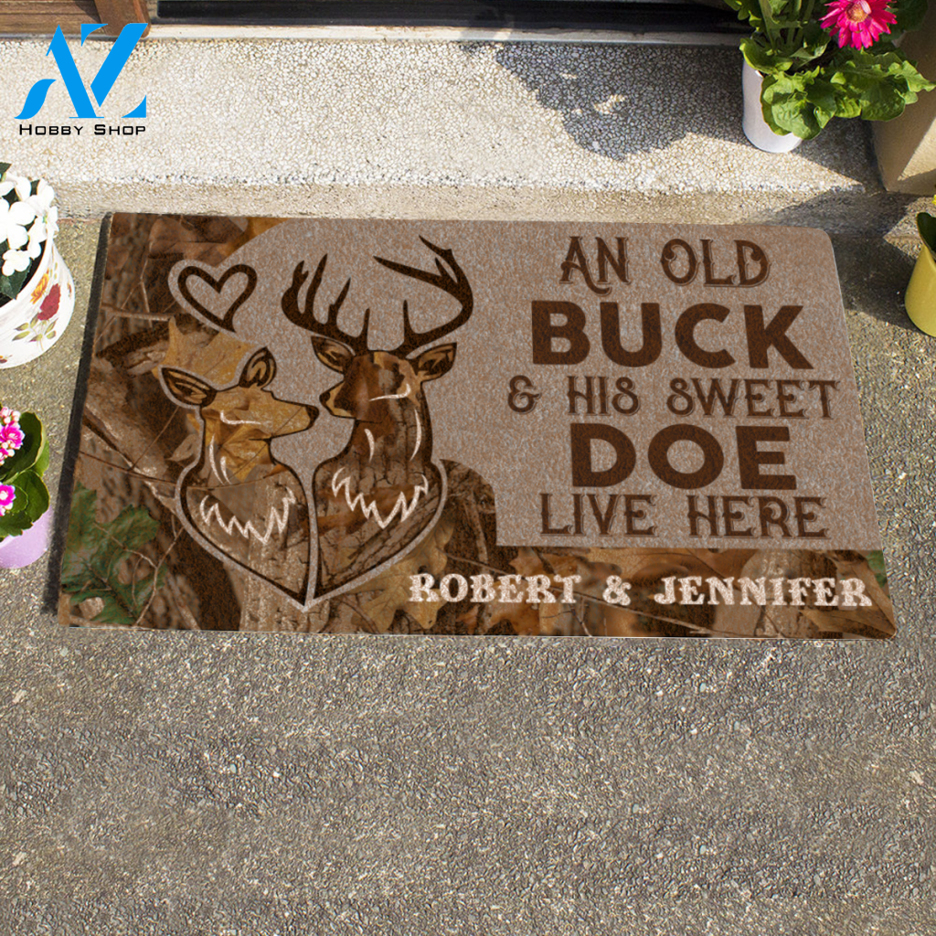 Hunting, An Old Buck And His Sweet Doe Live Here Personalized Doormat Valentine Gift HQ
