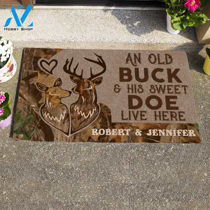 Hunting, An Old Buck And His Sweet Doe Live Here Personalized Doormat Valentine Gift HQ