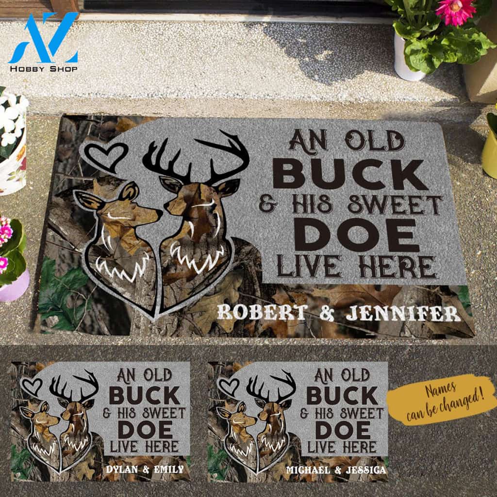 Hunting, An Old Buck And His Sweet Doe Live Here Personalized Doormat Valentine Gift HQ