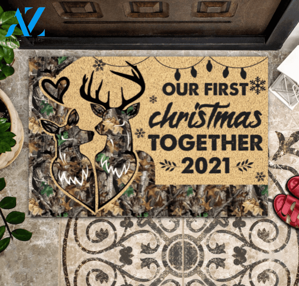 Hunting Couple Christmas Our First Christmas Together Personalized Doormat Gift For Newlywed Couples Home Decor Warm House Gift Welcome Mat