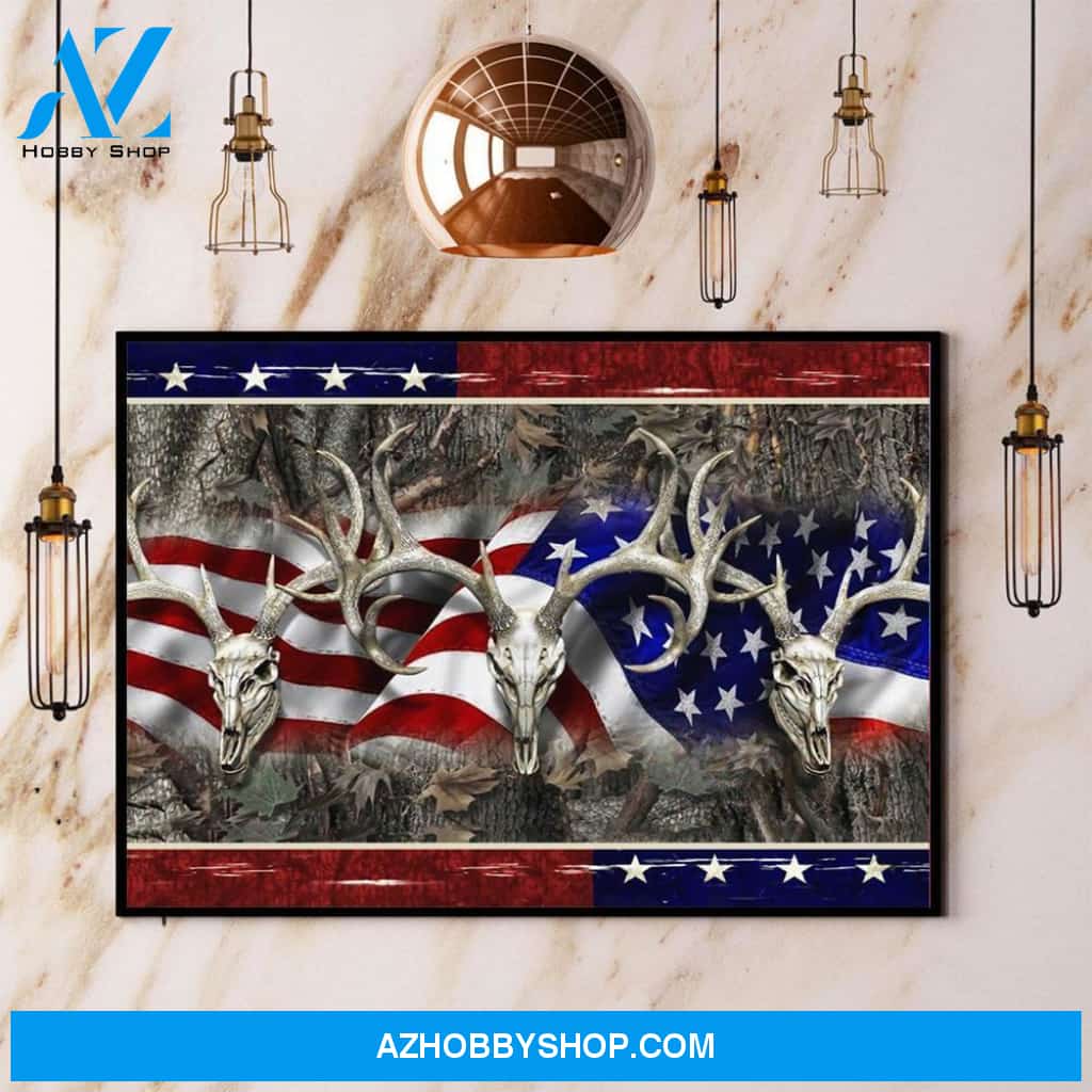 Hunting Deer American Flag Canvas And Poster, Wall Decor Visual Art