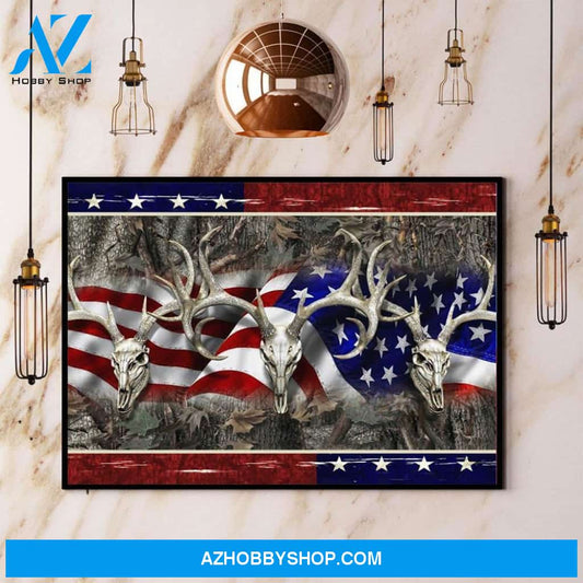 Hunting Deer American Flag Canvas And Poster, Wall Decor Visual Art
