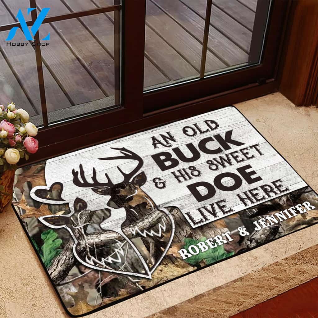Hunting Deer Camo Old Buck Sweet Doe Doormat, Custom Hunting Doormat