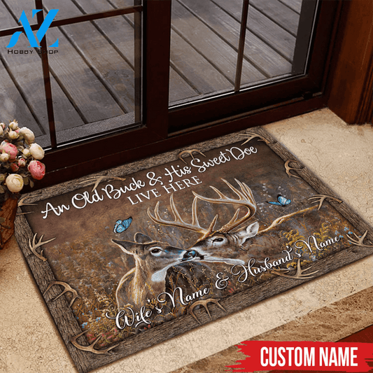 Hunting Doormat Customized Name An Old Buck And His Sweet Doe Live Here | WELCOME MAT | HOUSE WARMING GIFT