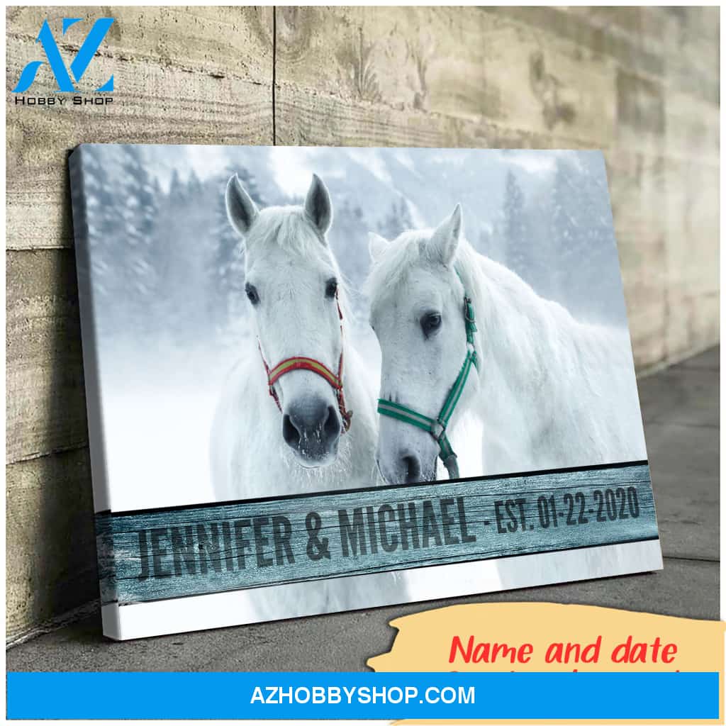 Husband and wife custom name and date - Horse couple - Personalized Canvas