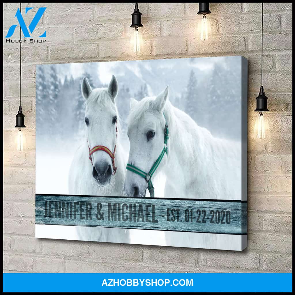 Husband and wife custom name and date - Horse couple - Personalized Canvas