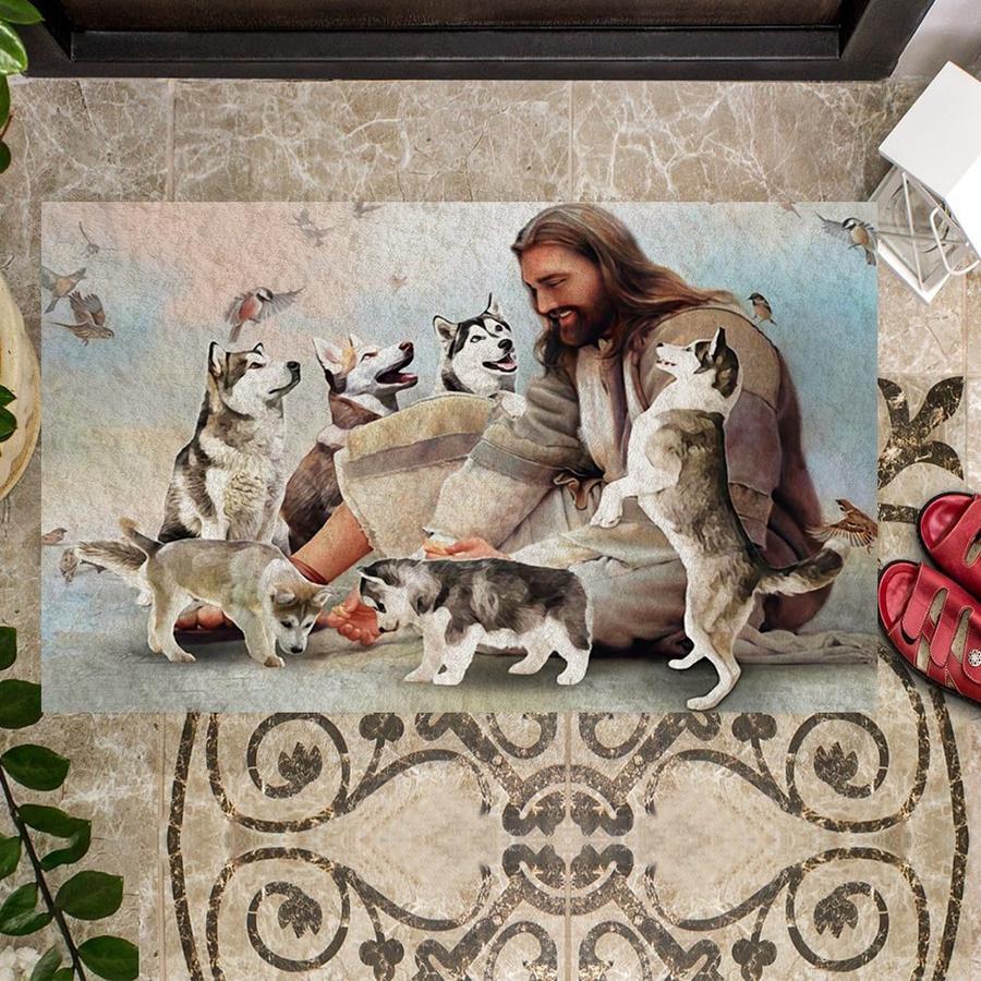 Jesus Surrounded By Huskies Doormat