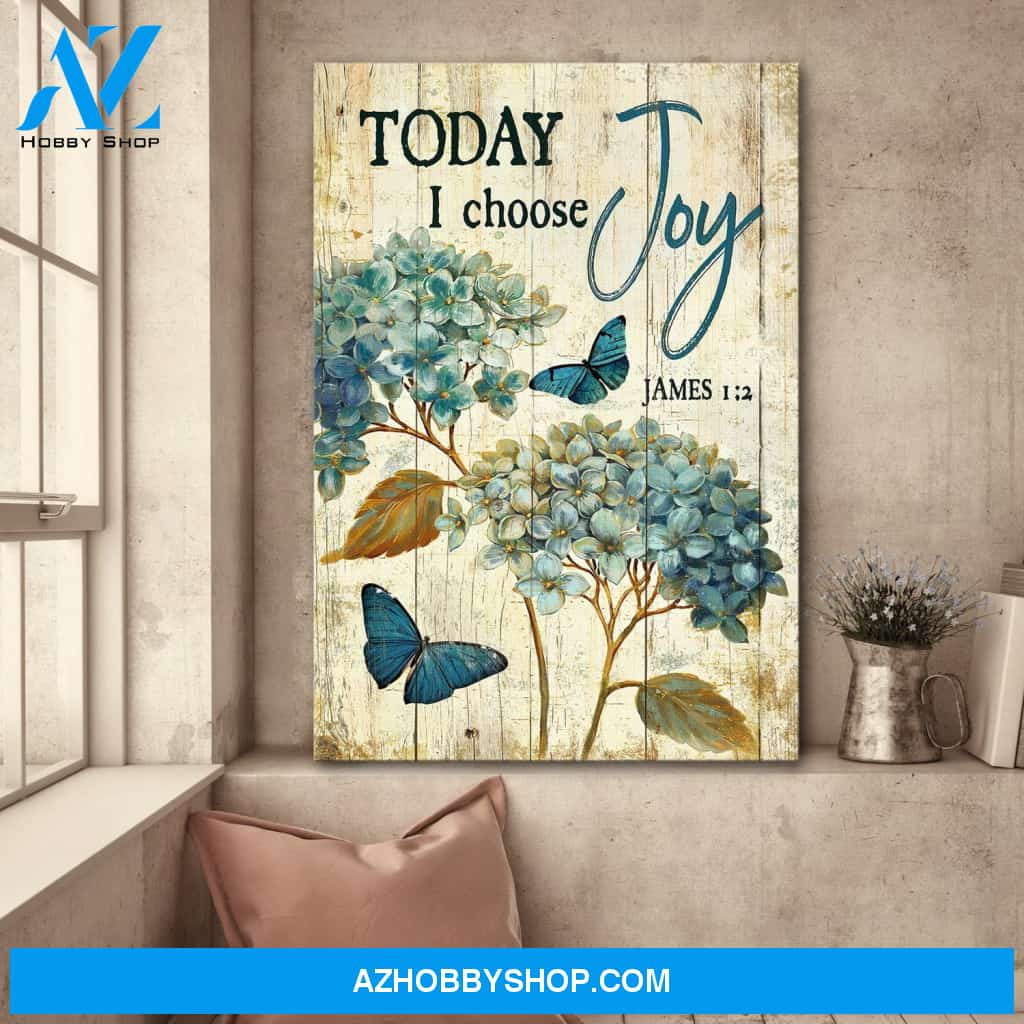 Hydrangea and Blue butterfly - Today I choose joy - Jesus Portrait Canvas Print - Wall Art