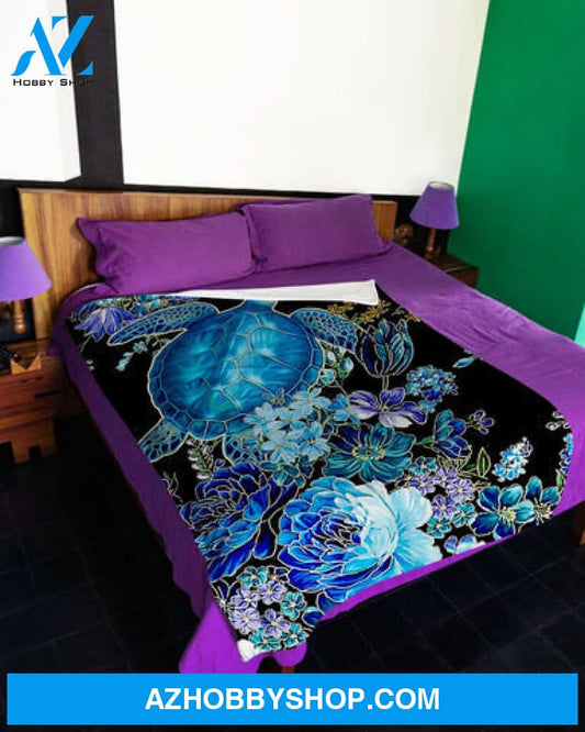 I Love Sea Turtle And Flowers Fleece Blanket - Quilt Blanket | Gift For Turtles Lover