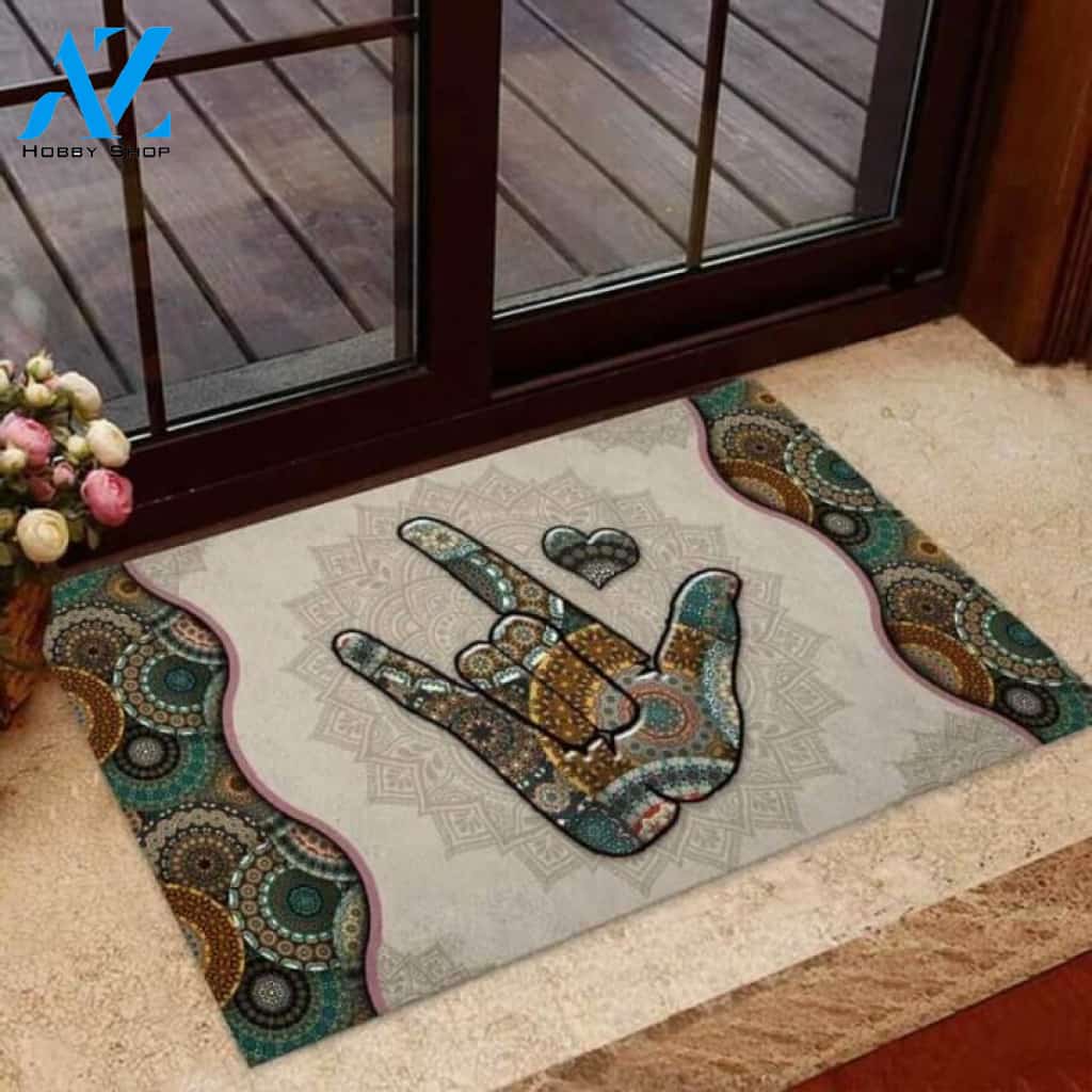I Love You Hand Sign American Sign Language Mandala Doormat | Welcome Mat | House Warming Gift