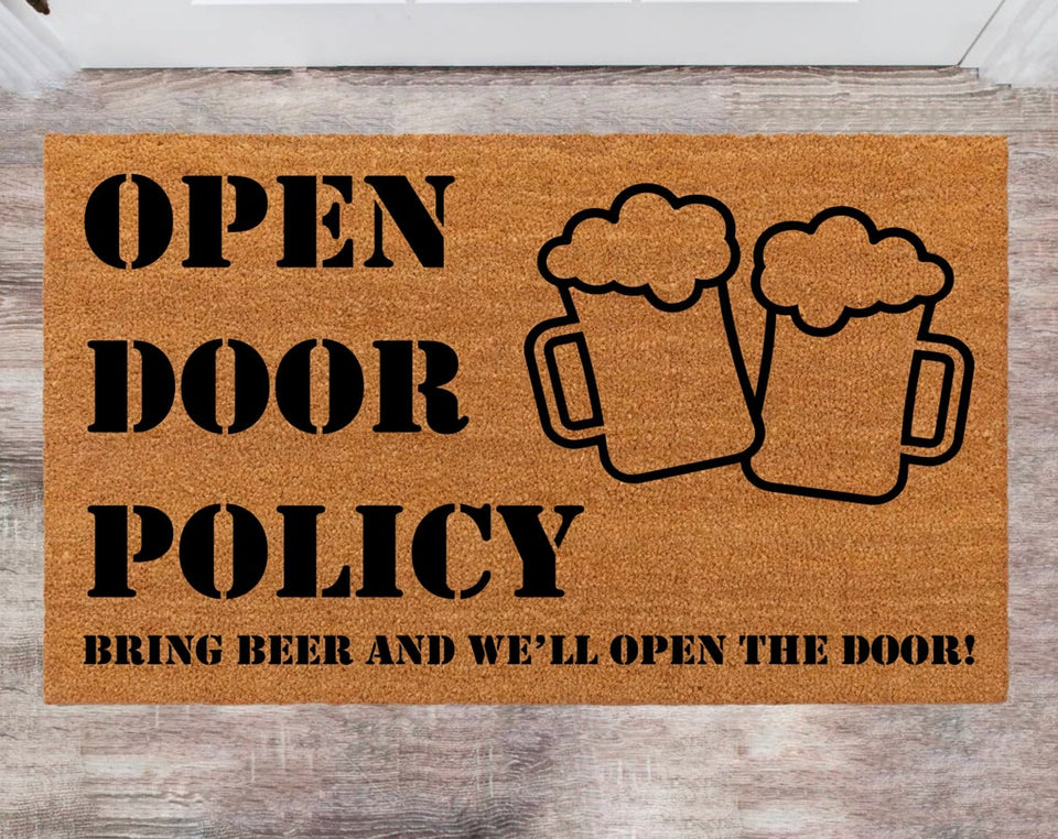 Open Door Policy Bring Beer Funny Custom Rug Cute pet Doormat Wedding Gift Monogram Rug Closing Gift