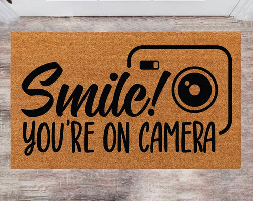 Smile you're in Camera Custom Cute Doormat Family Name Rug Monogram Rug Closing Gift Funny Doormat