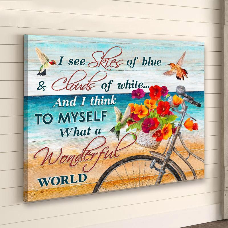 Bicycle And Beach Lovers What A Wonderful World Canvas And Poster, Canvas Wall Art, Wall Decor Visual Art