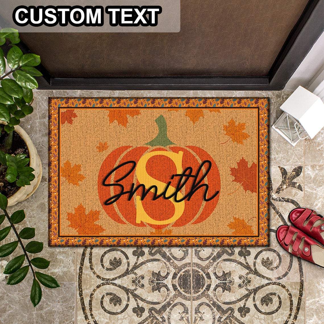 Custom Family Name Monogrammed Initial Pumpkin Halloween Doormat | Best Outdoor Halloween Decoration