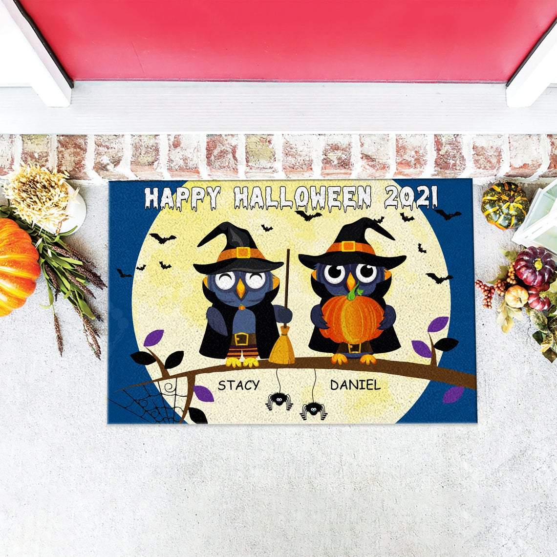 Custom Name Owl Couple 2021 Halloween Doormat | Best Outdoor Halloween Decoration