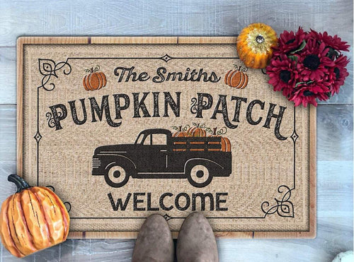Custom Family Name Pumpkin Patch Truck Halloween Doormat | Best Outdoor Halloween Decoration