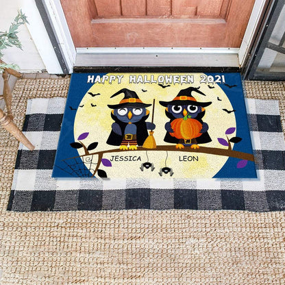 Custom Name Owl Couple 2021 Halloween Doormat | Best Outdoor Halloween Decoration