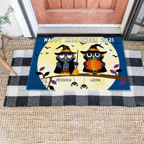 Custom Name Owl Couple 2021 Halloween Doormat | Best Outdoor Halloween Decoration