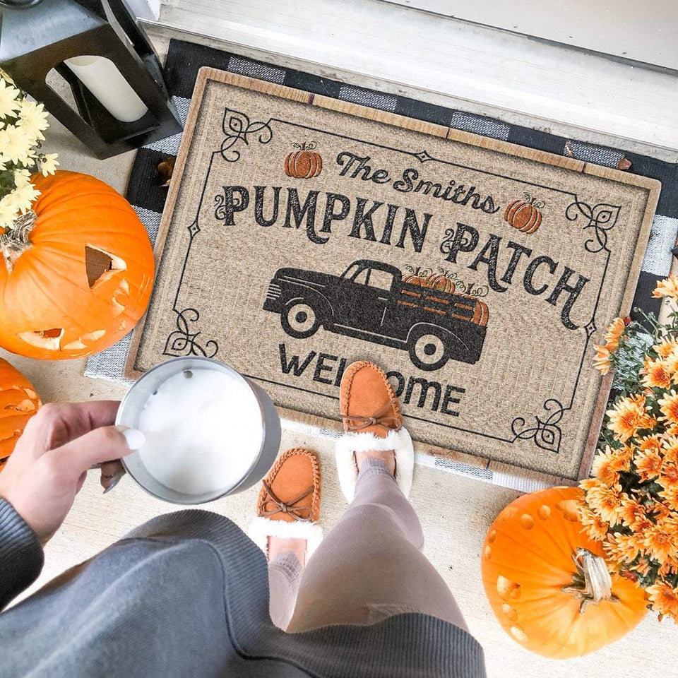Custom Family Name Pumpkin Patch Truck Halloween Doormat | Best Outdoor Halloween Decoration