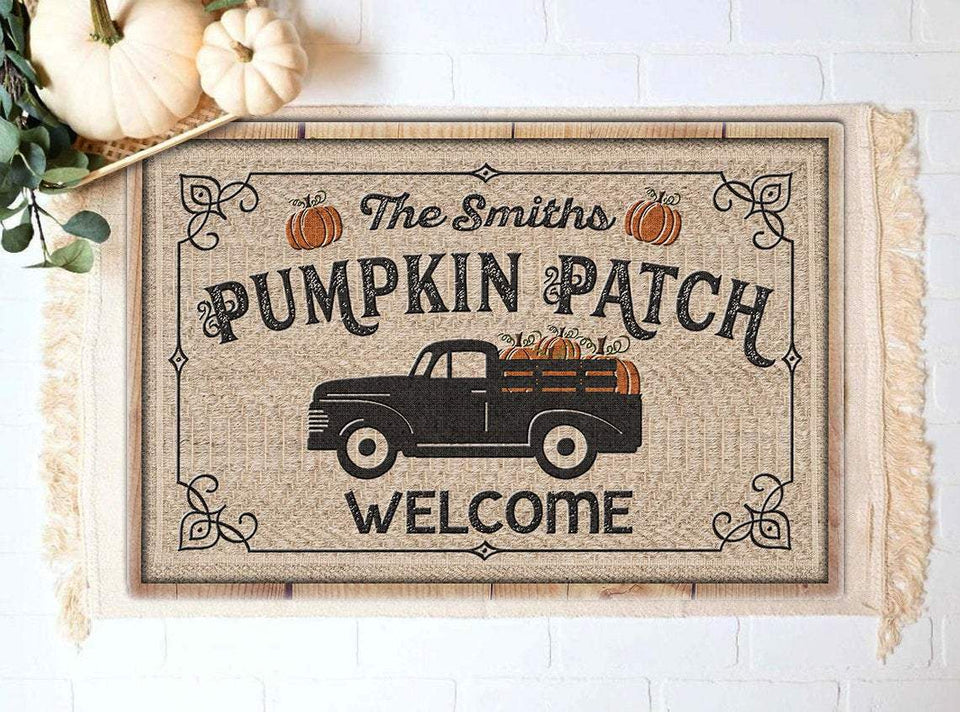 Custom Family Name Pumpkin Patch Truck Halloween Doormat | Best Outdoor Halloween Decoration