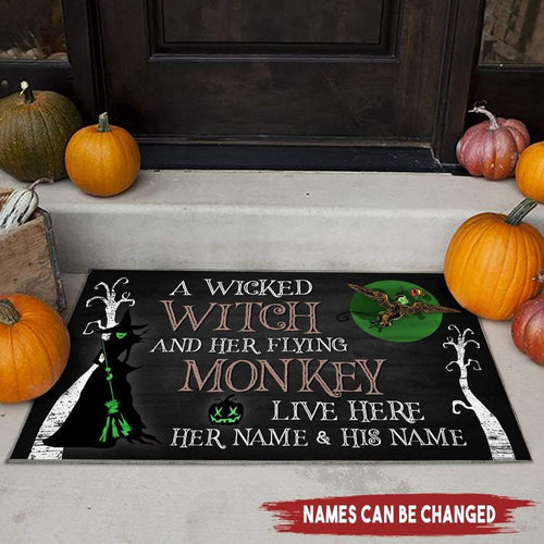 Custom Name A Wicked Witch And Her Flying Monkey Halloween Doormat | Best Outdoor Halloween Decoration
