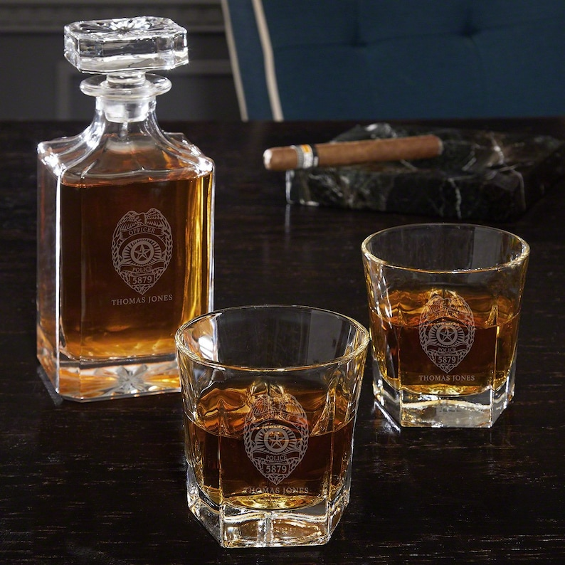 Police Badge Custom Liquor Decanter Set with Colchester Glasses - Gift for Police Officers