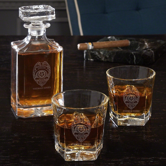 Police Badge Custom Liquor Decanter Set with Colchester Glasses - Gift for Police Officers