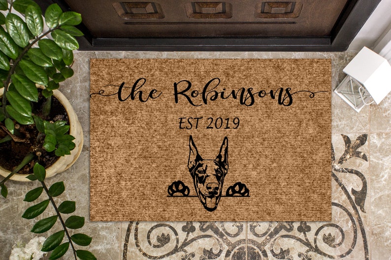 Doberman Pincher Dog Personalized Doormat Custom Doormat Welcome Mat Housewarming Gift Last Name Door Mat Family