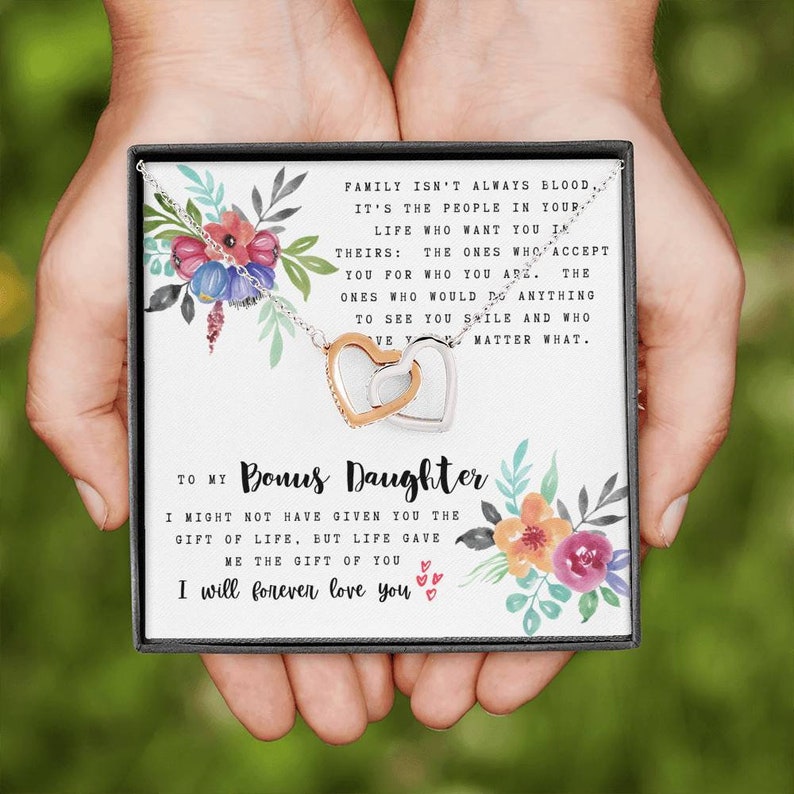 To My Bonus Daughter Necklace, Interlocking Hearts Necklace, Thoughtful Gifts For Bonus Daughter, Meaningful Gifts For Bonus Daughter