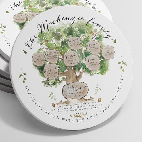Personalised Family Tree Flat Ornament Plate/Plaque - Ideal Keepsake For Anniversary, Christmas, Wedding, New Home Present Or Gift - Oak