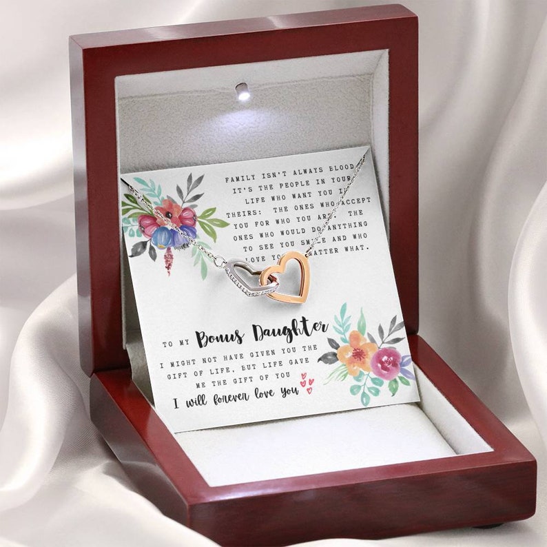 To My Bonus Daughter Necklace, Interlocking Hearts Necklace, Thoughtful Gifts For Bonus Daughter, Meaningful Gifts For Bonus Daughter