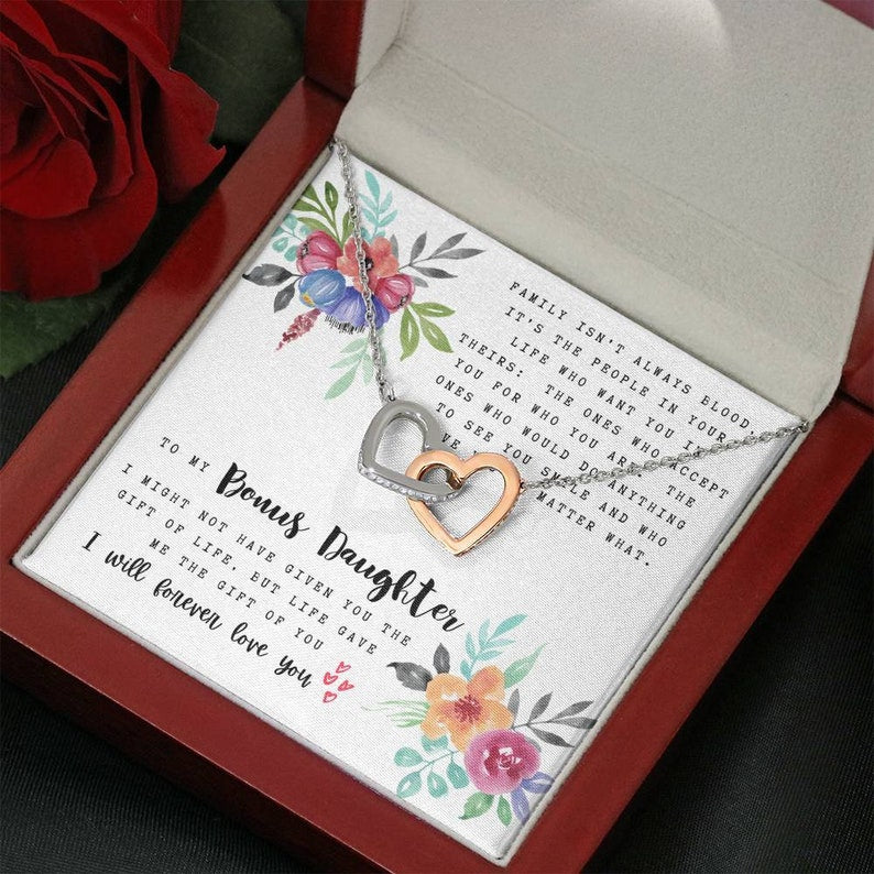 To My Bonus Daughter Necklace, Interlocking Hearts Necklace, Thoughtful Gifts For Bonus Daughter, Meaningful Gifts For Bonus Daughter