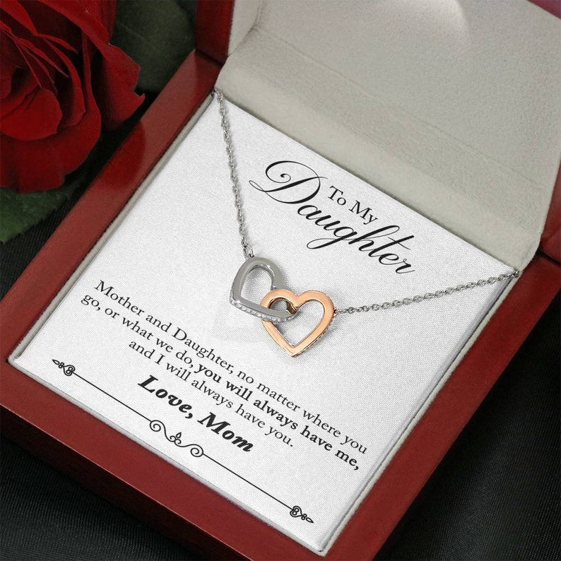 To My Daughter Necklace, Gift For Daughter From Mom, Mother To Daughter Necklace, Heart Necklace For Daughter, Interlocking Hearts Necklace