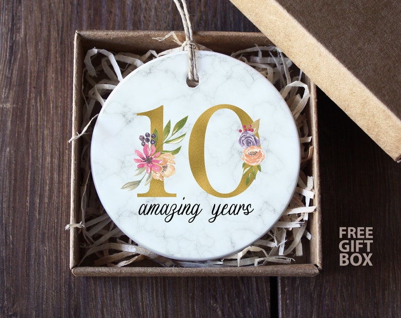 10 Year Anniversary Ornament, 10Th Anniversary Christmas Gift For Wife Or Husband, Small Tin Ceramic 10 Yr Wedding Present Him Her Keepsake