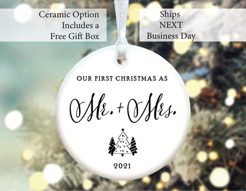 Simple Our First Christmas As Mr And Mrs With Year Ornament, Customizable Engagement Gifts, Couples Ornament, Couples Gift, Anniversary Gift
