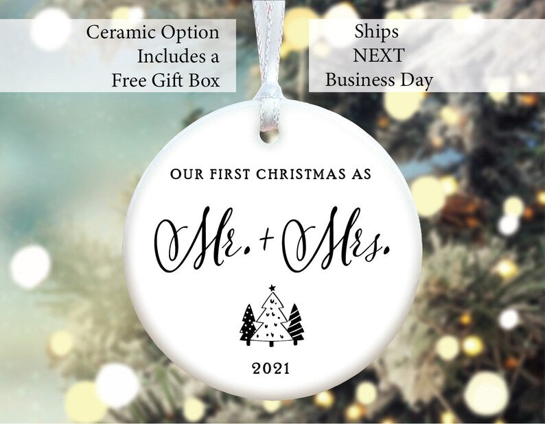 Simple Our First Christmas As Mr And Mrs With Year Ornament, Customizable Engagement Gifts, Couples Ornament, Couples Gift, Anniversary Gift