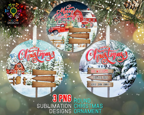 Rustic Woodland Christmas Ornament Png Sublimation Template, Woodland Barn, Winter Scenes, Family Personalized Ornament Png Designs Download