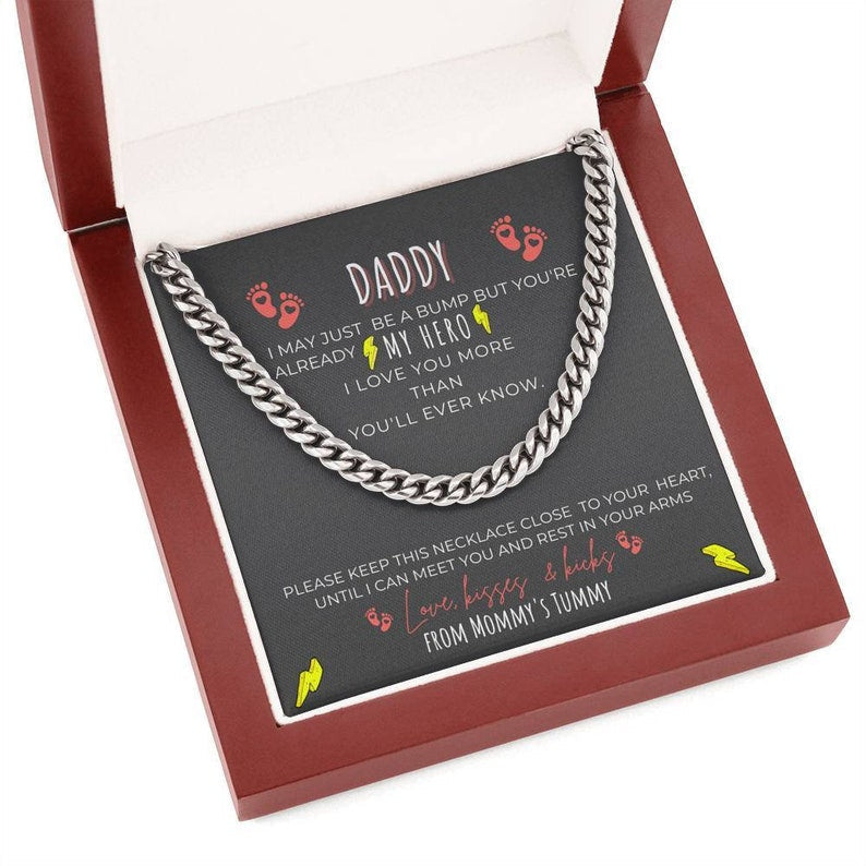 Daddy Necklace Gift Fathers Day Necklace Gift New Dad Cuban Link Chain - I may just be a bump but you're already My Hero I love you LX123B