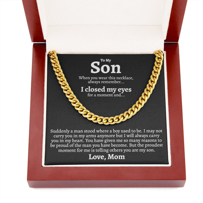 To My Son Necklace I will always carry you in my heart Love, Mom Cuban Link Chain Necklace LX340M