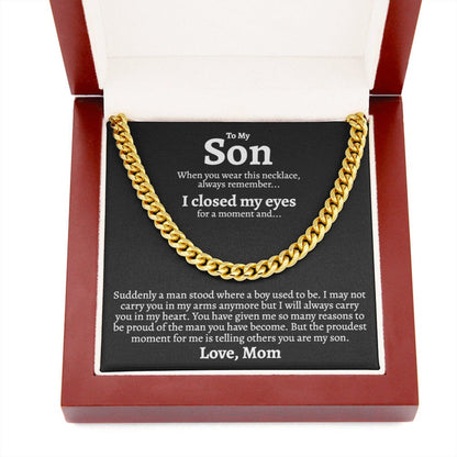 To My Son Necklace I will always carry you in my heart Love, Mom Cuban Link Chain Necklace LX340M