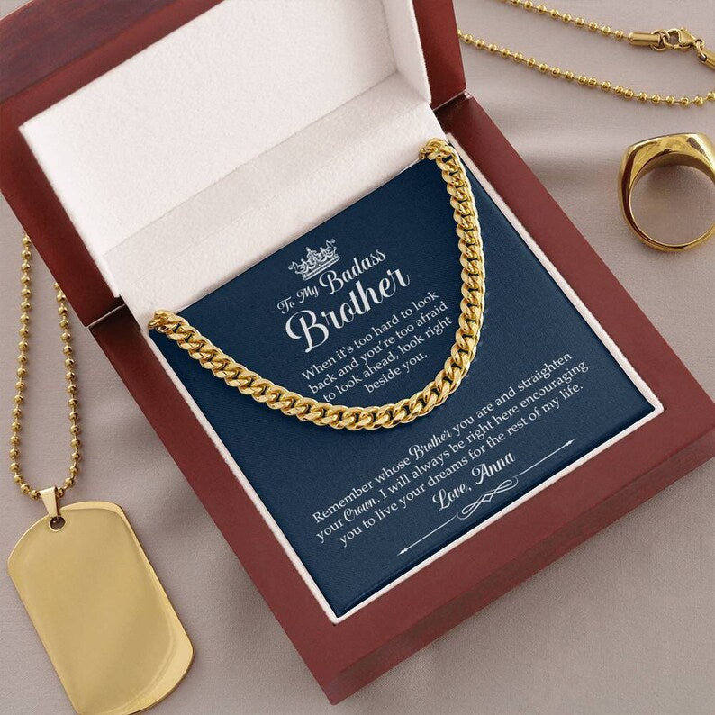 To My Badass Brother Necklace - Straighten Your Crown, Necklace Gift for Badass Brother, Cuban Link Chain Necklace