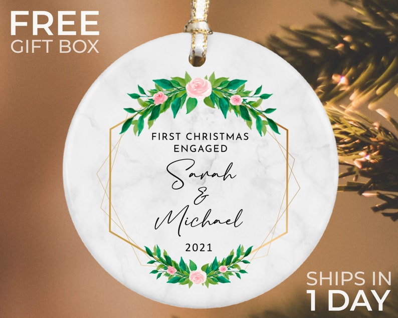 Personalized Engaged Ornament, Custom Gold Engagement Ornament, Engagement Gift, First Christmas Engaged, Engagement Announcement
