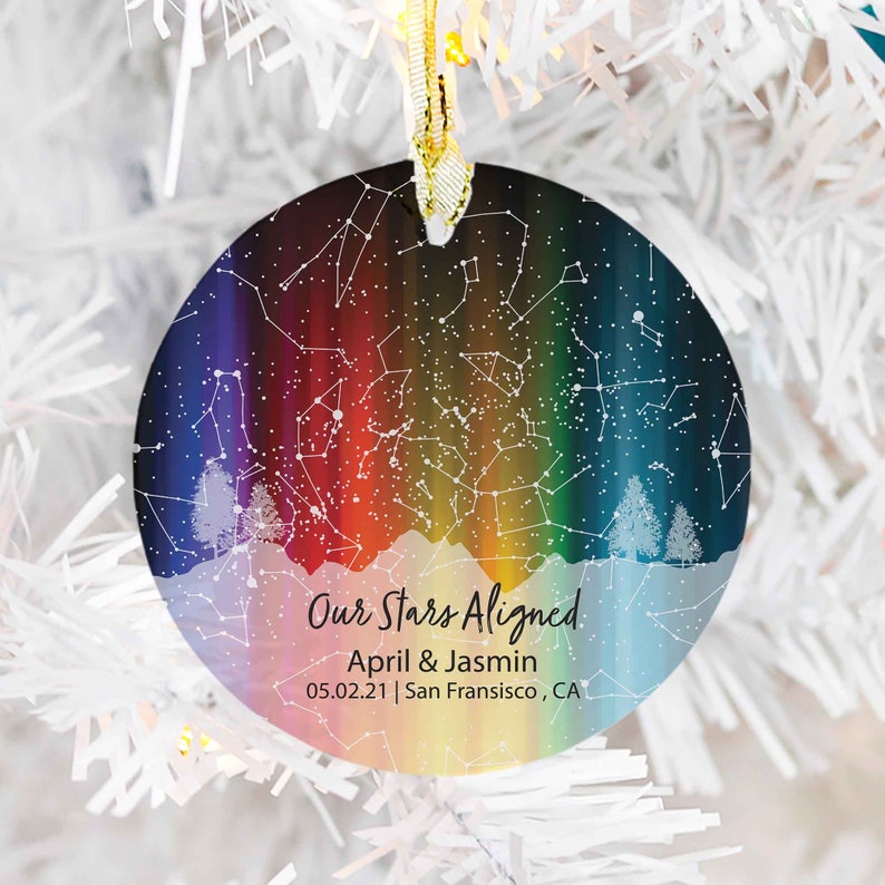 Lgbtq Custom By Date Star Map, Queer Pride Rainbow Star Map Ornament, Gay Wedding Day Ornament, Lesbian Wife Gift, Same-Sex Anniversary Gift