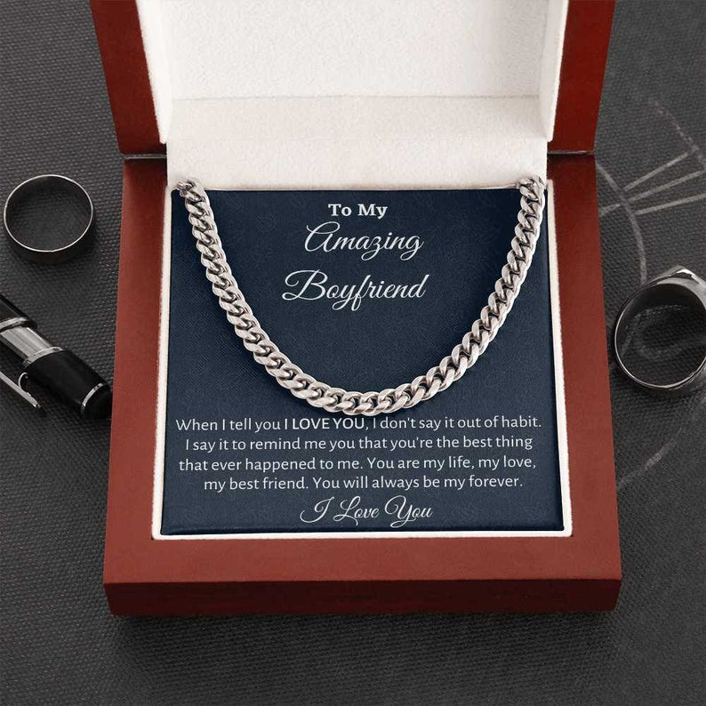 To My Boyfriend Cuban Link Chain Necklace, You will always be my forever - Boyfriend Birthday or Anniversary Gift, Christmas Gift From Girlfriend, Gift For Him LX095F