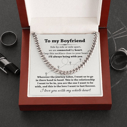 Cuban Link Chain Necklace For Boyfriend, To My Boyfriend, We Are Connected By Heart Boyfriend Long Distance Gift From Girlfriend